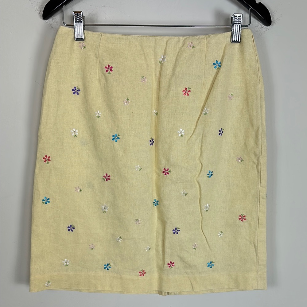 Talbots Embroidered Flower Linen Blend Yellow Skirt Size‎ 8